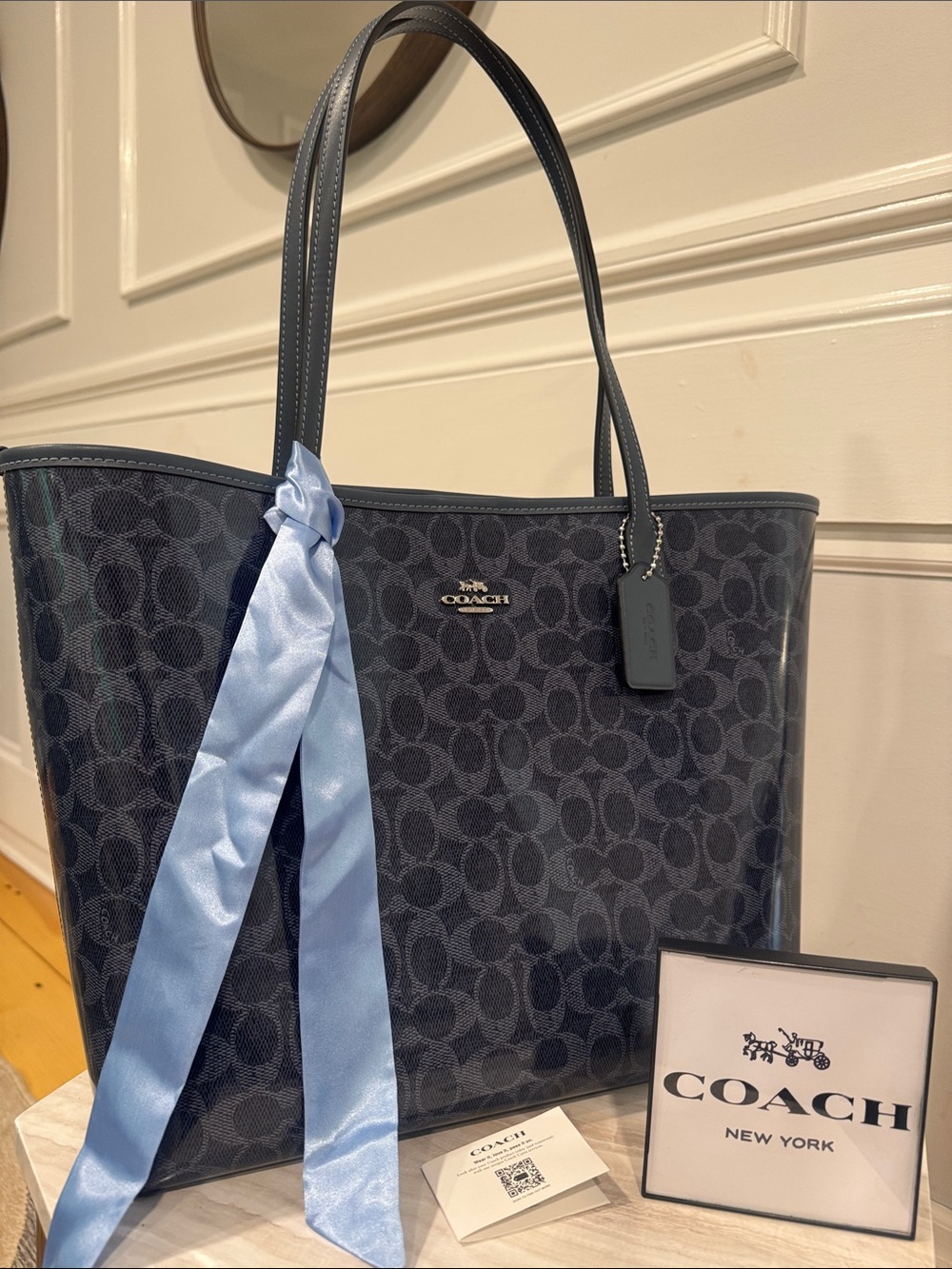 Coach Bag Denim Coated Canvas City Tote Patent Leather Dark Navy Tote NWOT RARE - Picture 1 of 17